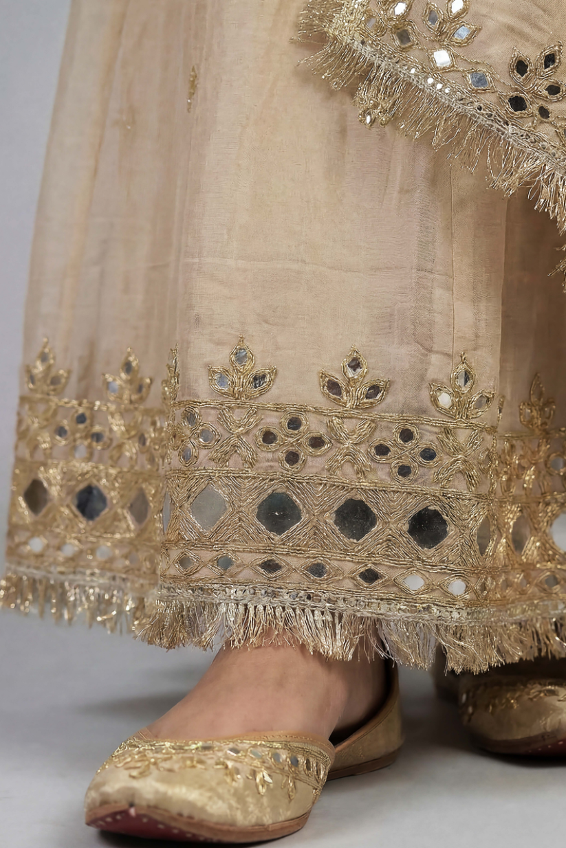 Detailed border embroidery design of beige palazzo set