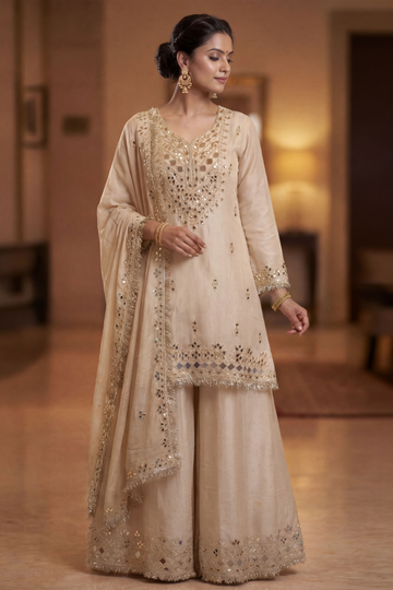 Women beige mirror embroidered kurta palazzo set with dupatta front view
