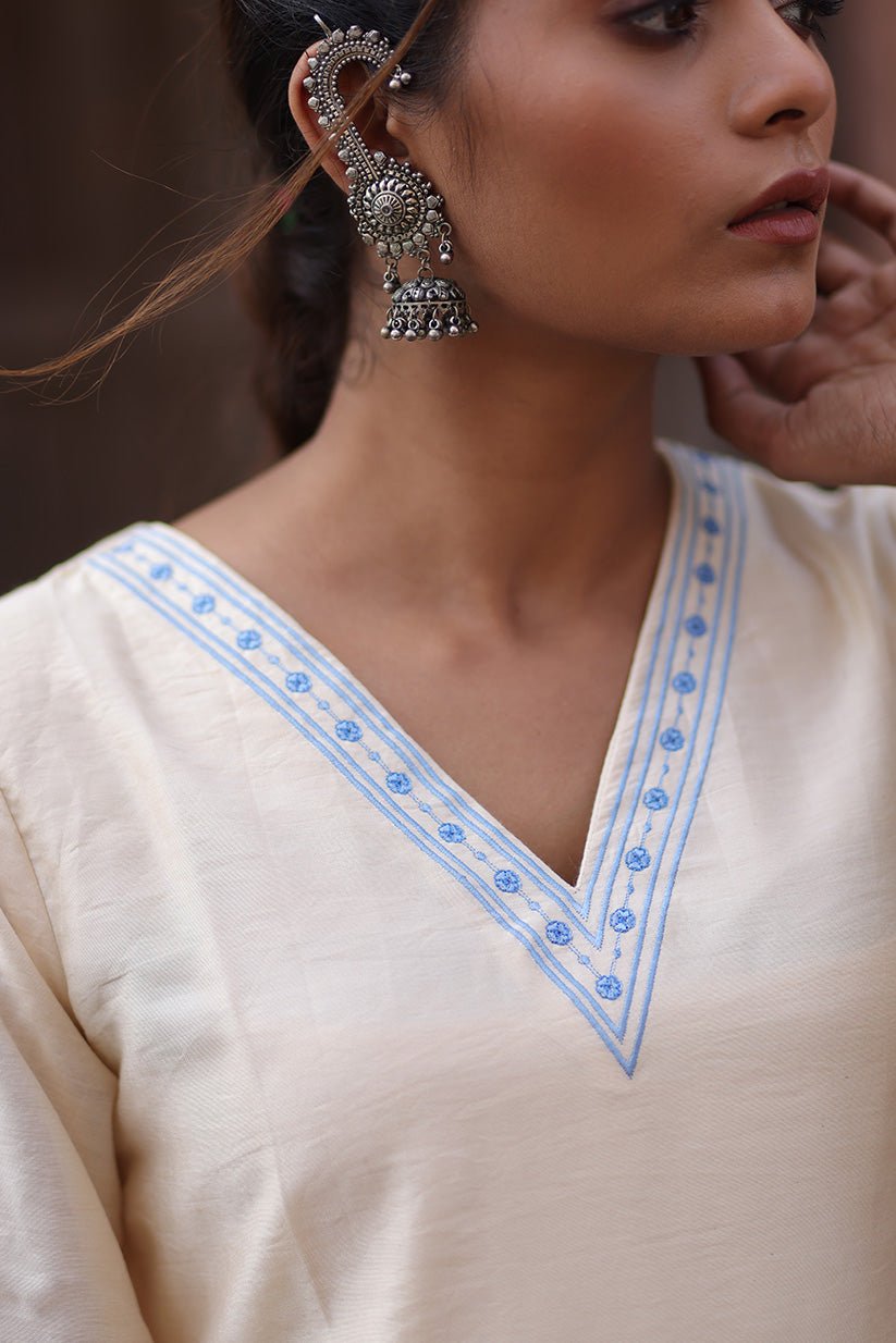 Beige Straight Kurta Set with Embroidered Chanderi Fabric - The House of Indu