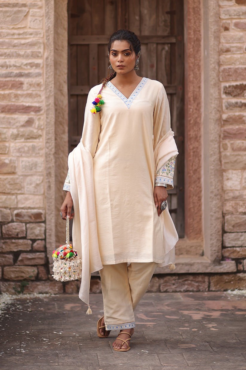 Beige Straight Kurta Set with Embroidered Chanderi Fabric - The House of Indu