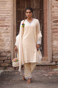 Beige Straight Kurta Set with Embroidered Chanderi Fabric - The House of Indu