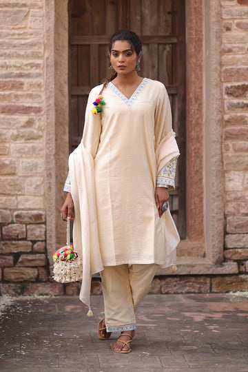 Beige Straight Kurta Set with Embroidered Chanderi Fabric - The House of Indu