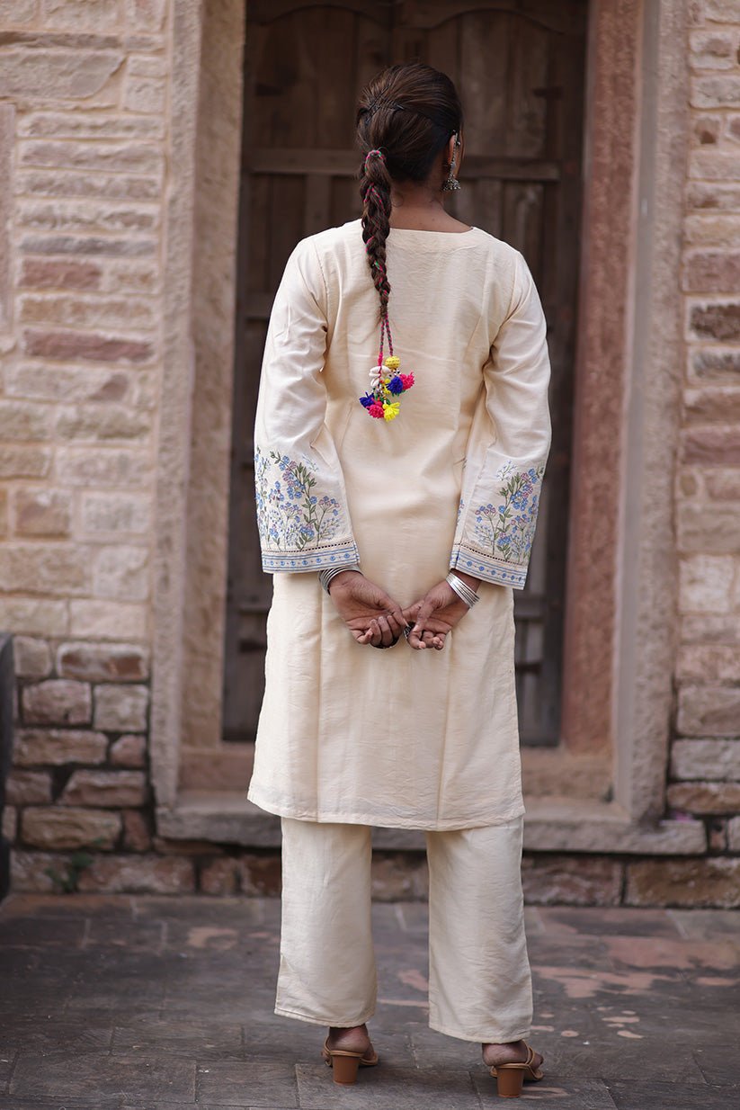 Beige Straight Kurta Set with Embroidered Chanderi Fabric - The House of Indu