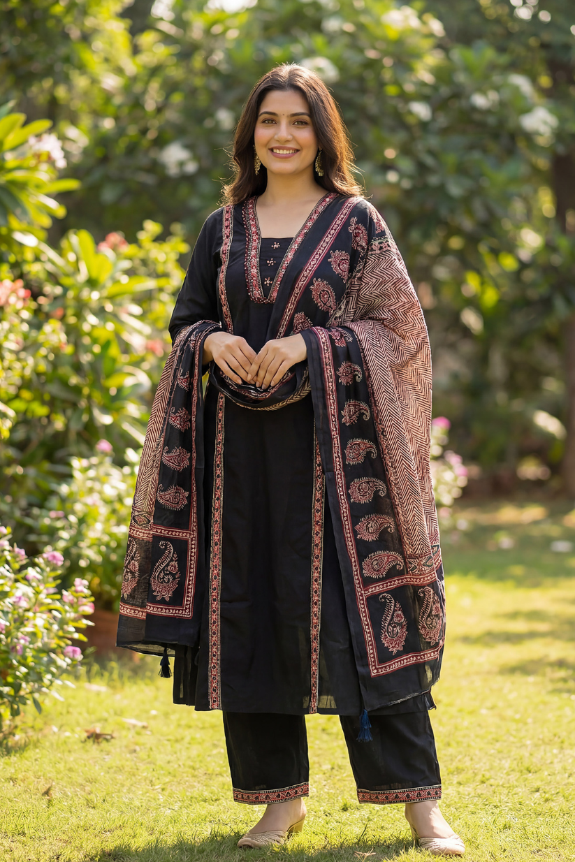 Front view of black cotton A-line kurta set with printed dupatta for women