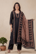 Black Cotton A-Line Kurta Set with Printed Dupatta - The House of Indu