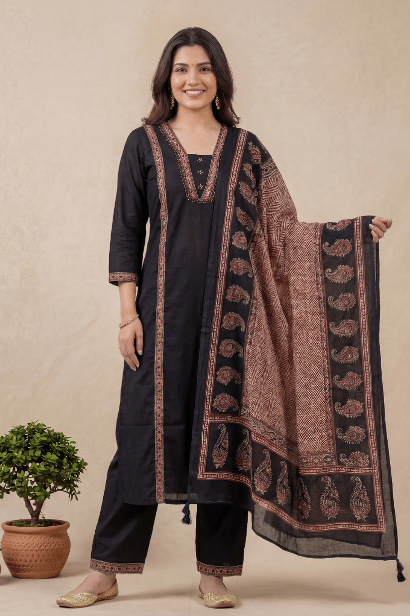 Black Cotton A-Line Kurta Set with Printed Dupatta - The House of Indu