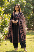Black Cotton A-Line Kurta Set with Printed Dupatta - The House of Indu