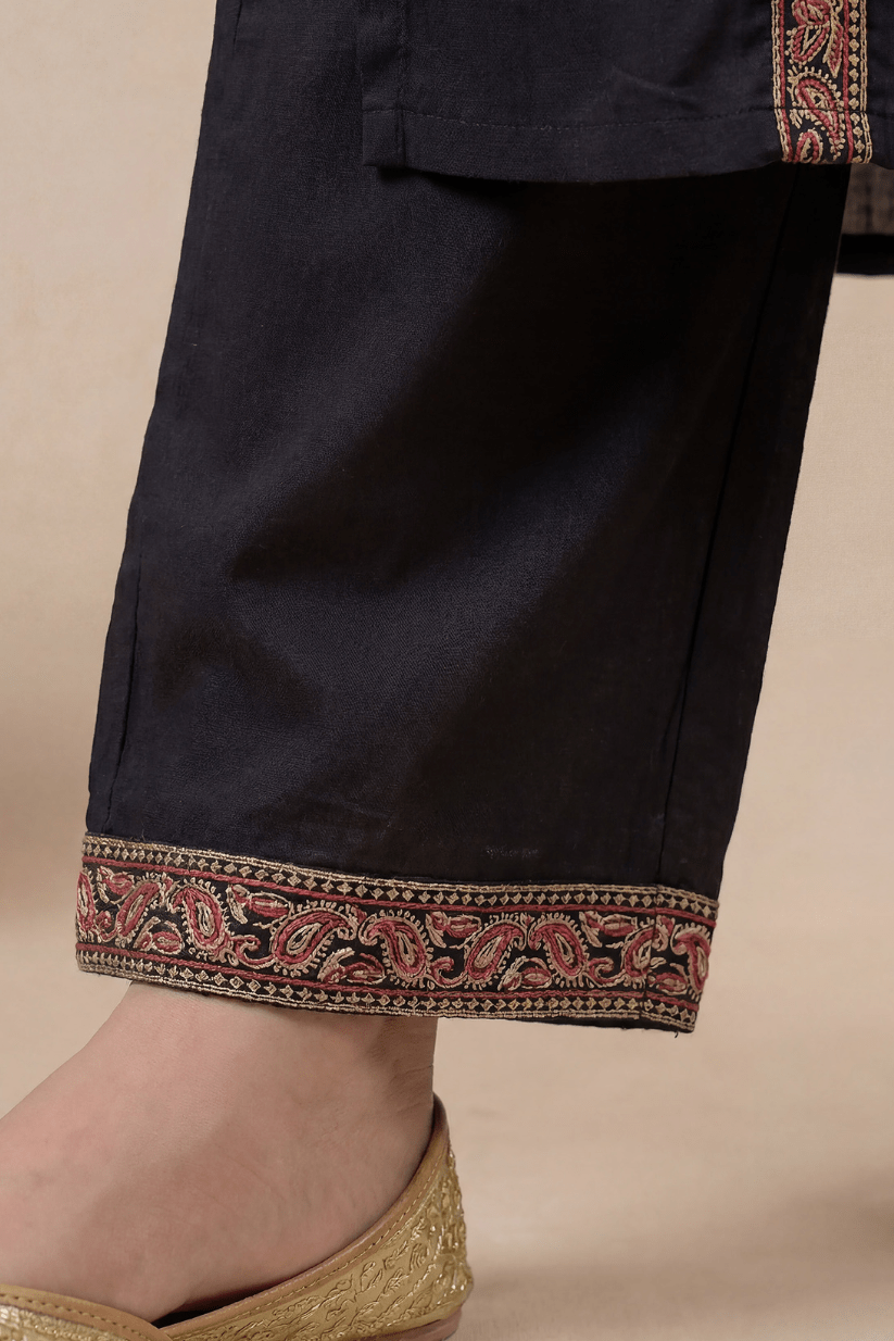 Black Cotton A-Line Kurta Set with Printed Dupatta - The House of Indu