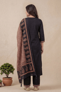 Black Cotton A-Line Kurta Set with Printed Dupatta - The House of Indu