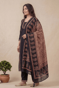 Black Cotton A-Line Kurta Set with Printed Dupatta - The House of Indu
