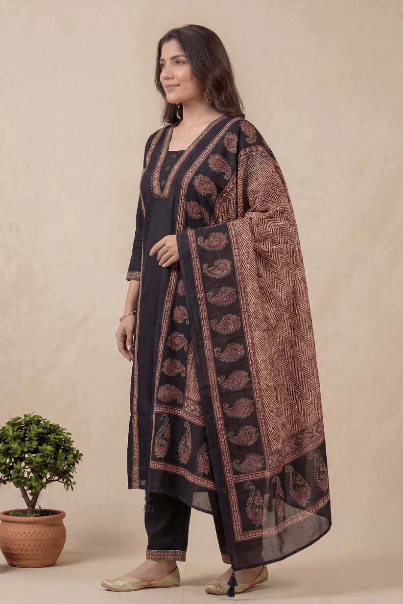 Black Cotton A-Line Kurta Set with Printed Dupatta - The House of Indu
