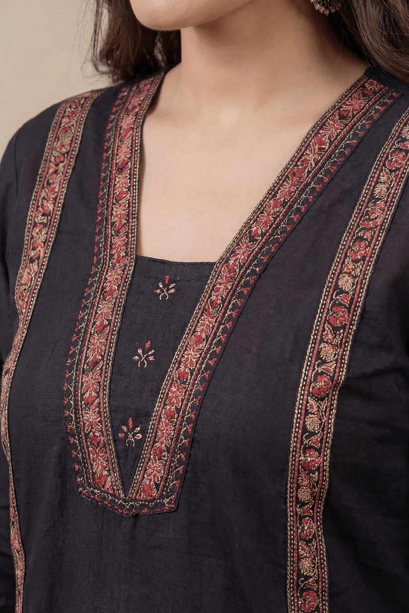 Black Cotton A-Line Kurta Set with Printed Dupatta - The House of Indu