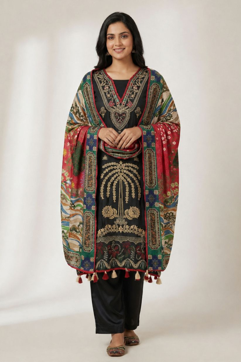 Black Embroidered Ethnic Kurta Set with Artistic Printed Dupatta - The House of Indu