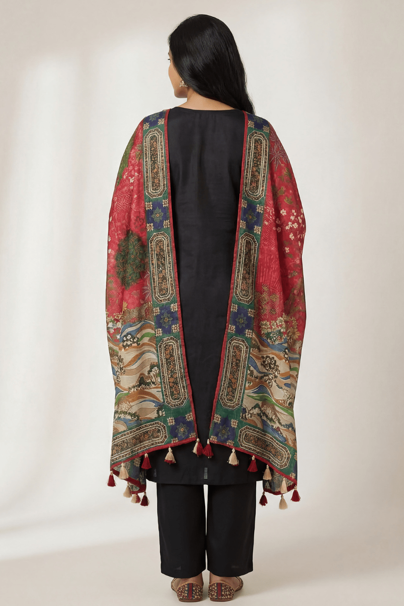 Black Embroidered Ethnic Kurta Set with Artistic Printed Dupatta - The House of Indu