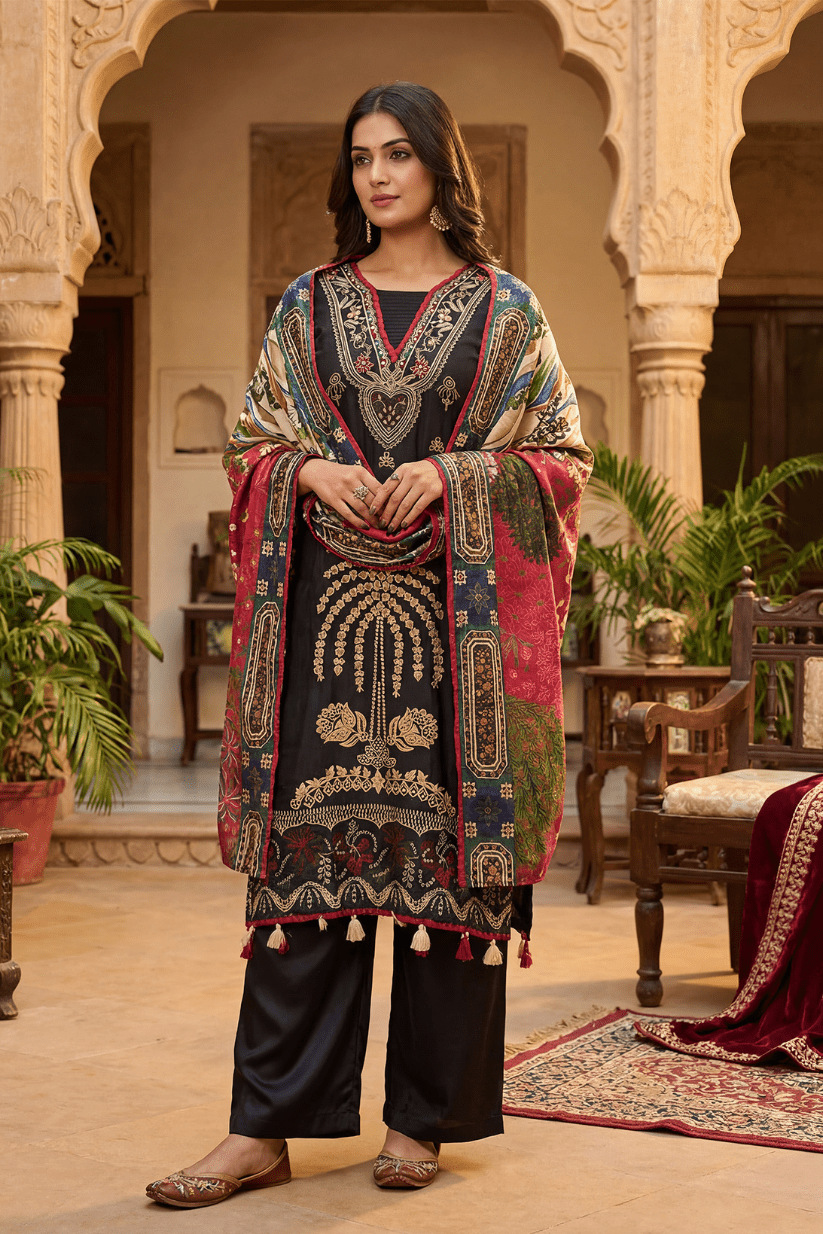 Black Embroidered Ethnic Kurta Set with Artistic Printed Dupatta - The House of Indu