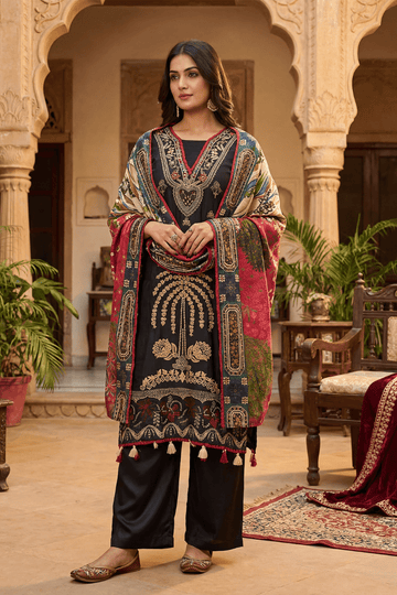 Black Embroidered Ethnic Kurta Set with Artistic Printed Dupatta - The House of Indu