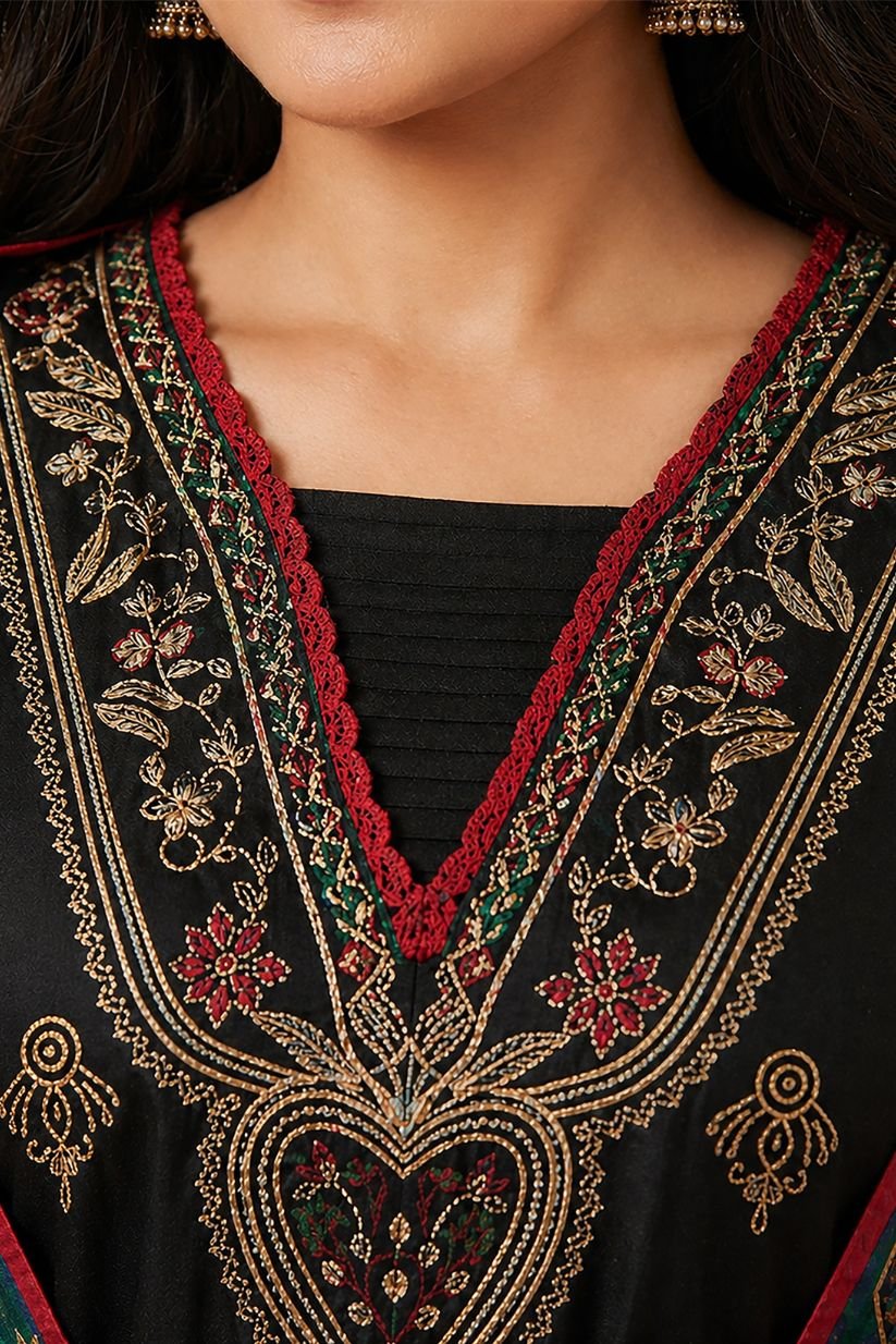 Black Embroidered Ethnic Kurta Set with Artistic Printed Dupatta - The House of Indu