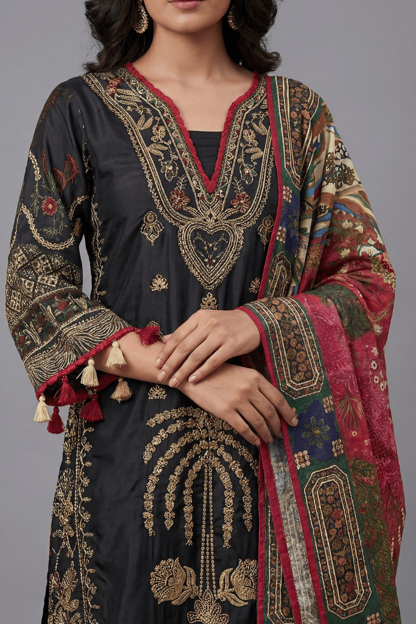Black Embroidered Ethnic Kurta Set with Artistic Printed Dupatta - The House of Indu