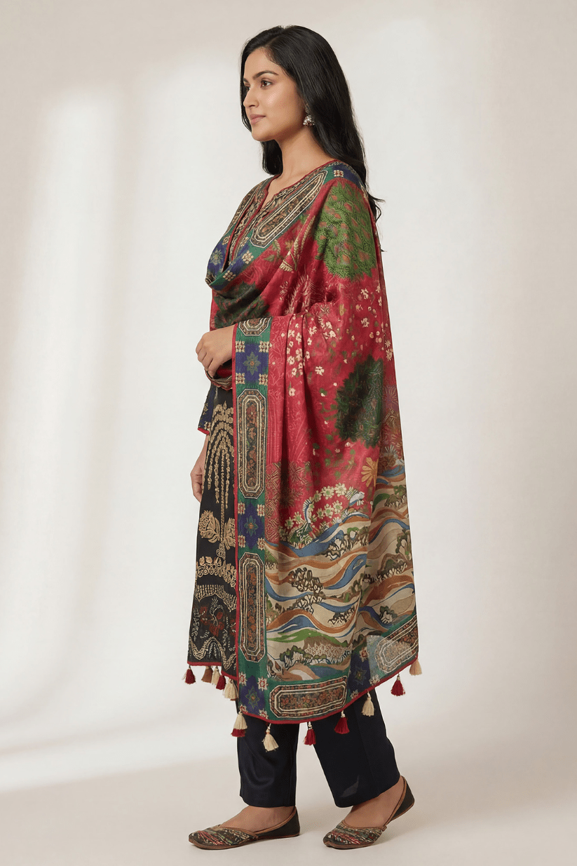 Black Embroidered Ethnic Kurta Set with Artistic Printed Dupatta - The House of Indu