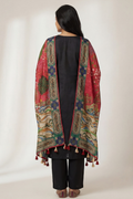 Back view of woman wearing black embroidered ethnic kurta set with printed dupatta