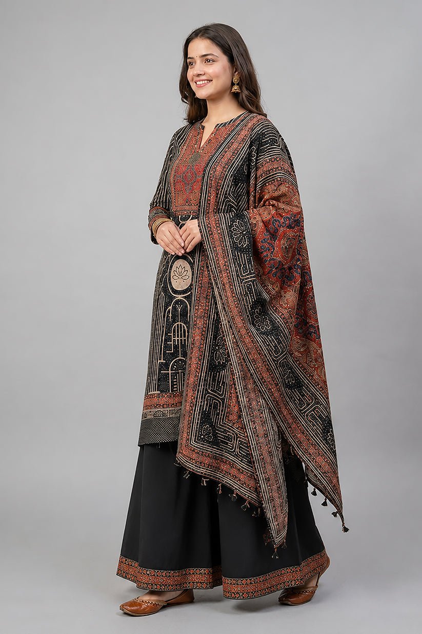 Black Ethnic Printed Kurta Palazzo Set with Dupatta for Women - The House of Indu