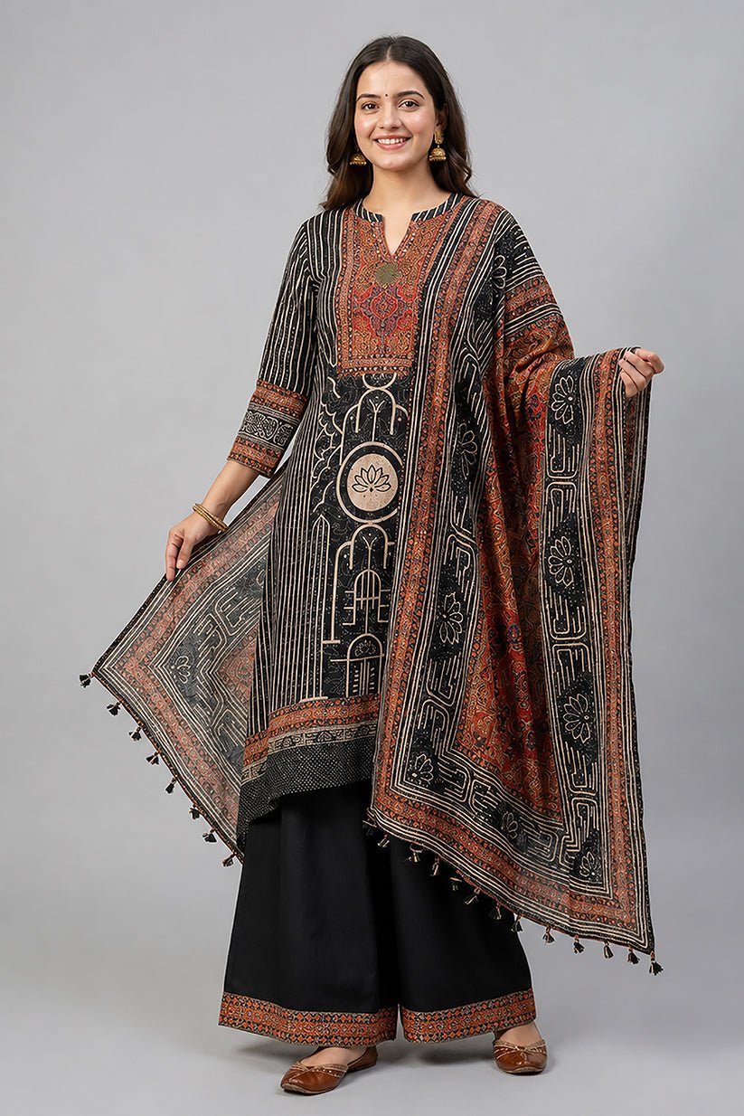 Black Ethnic Printed Kurta Palazzo Set with Dupatta for Women - The House of Indu