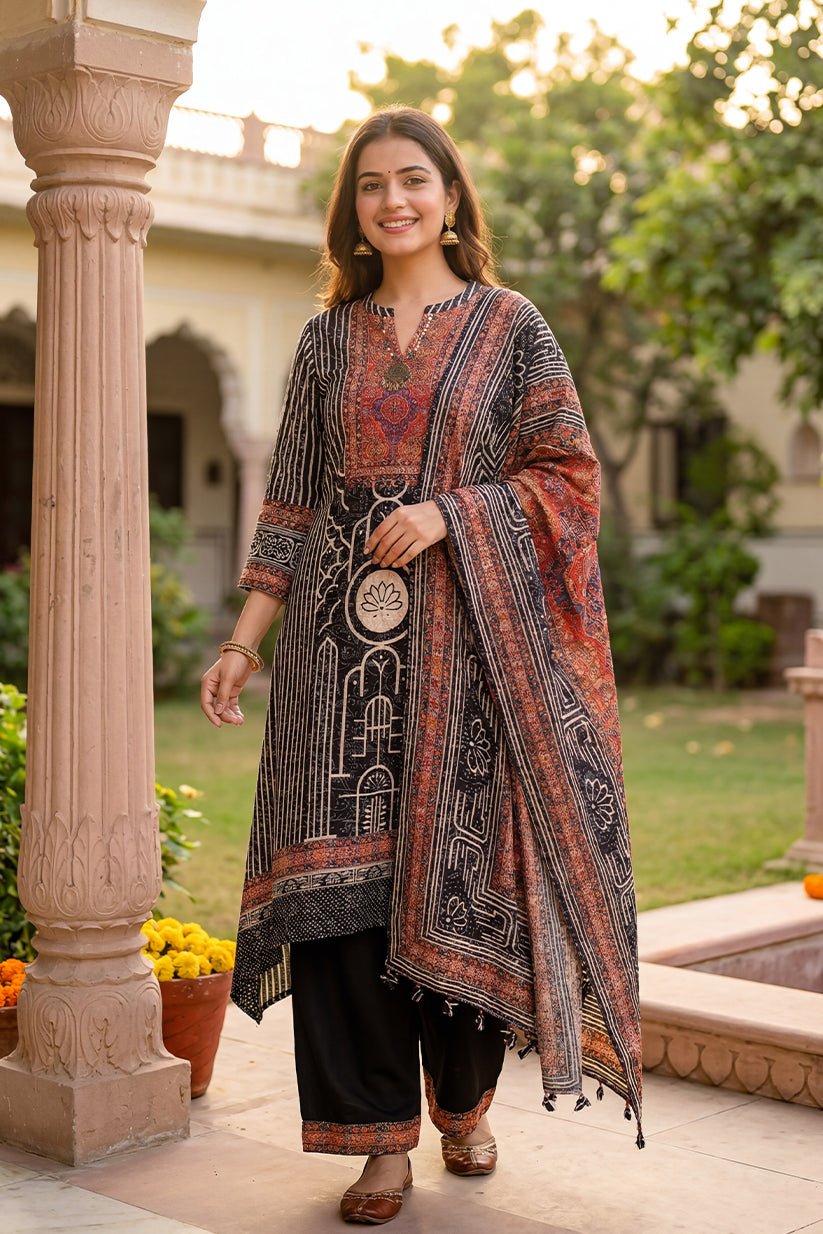 Black Ethnic Printed Kurta Palazzo Set with Dupatta for Women - The House of Indu