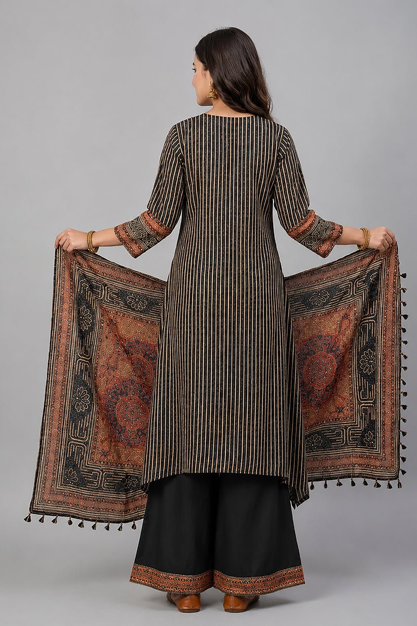 Black Ethnic Printed Kurta Palazzo Set with Dupatta for Women - The House of Indu