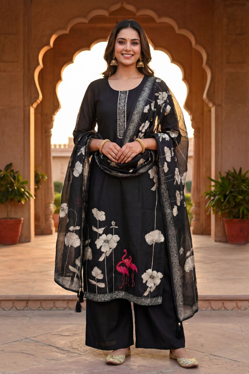 Black floral printed kurta set with organza dupatta and palazzo pants for women festive ethnic wear front view