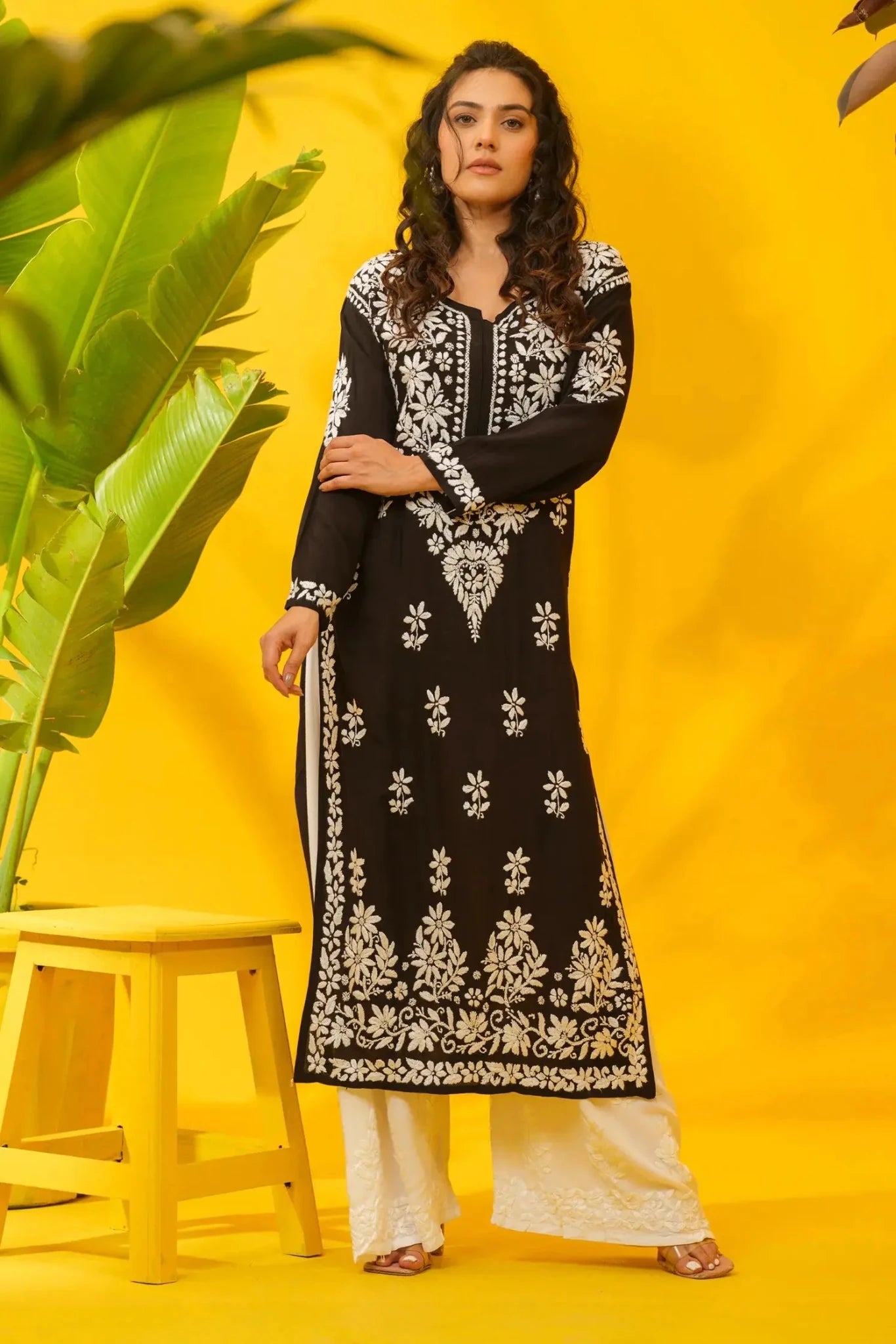 Black Modal Chikankari Kurta for Women with Hand Embroidery - The House of Indu