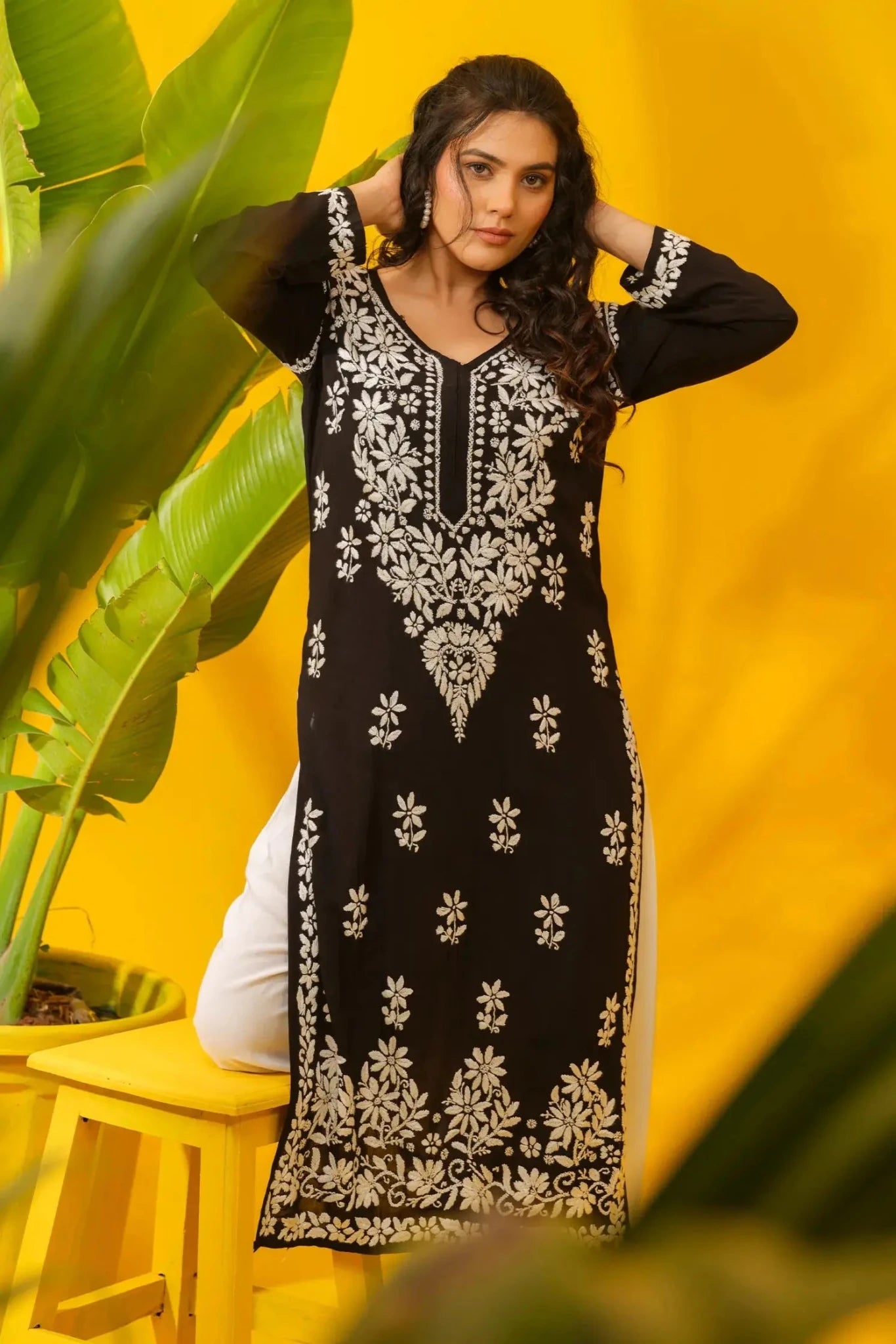 Black Modal Chikankari Kurta for Women with Hand Embroidery - The House of Indu