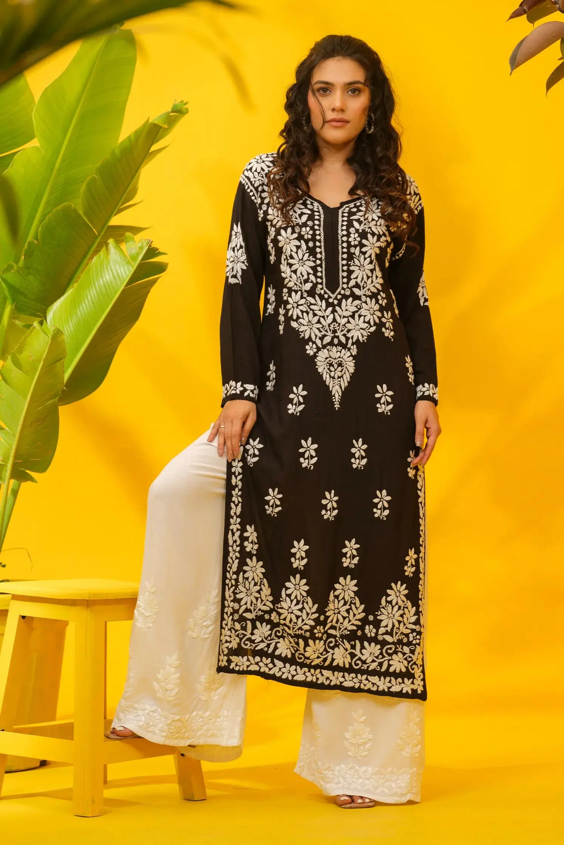 Women black modal chikankari kurta front view with hand embroidery