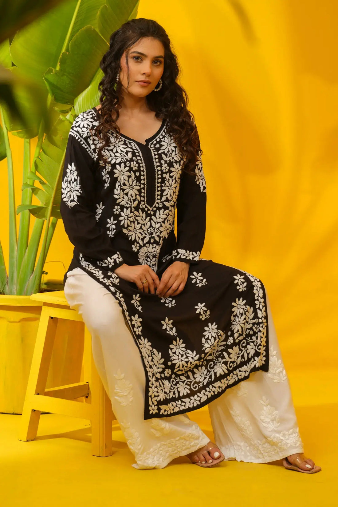 Women black modal chikankari kurta front view with hand embroidery