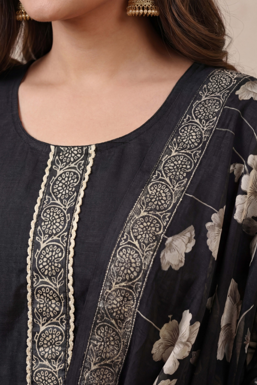 Black floral printed kurta set with organza dupatta and palazzo pants for women festive ethnic wear front view