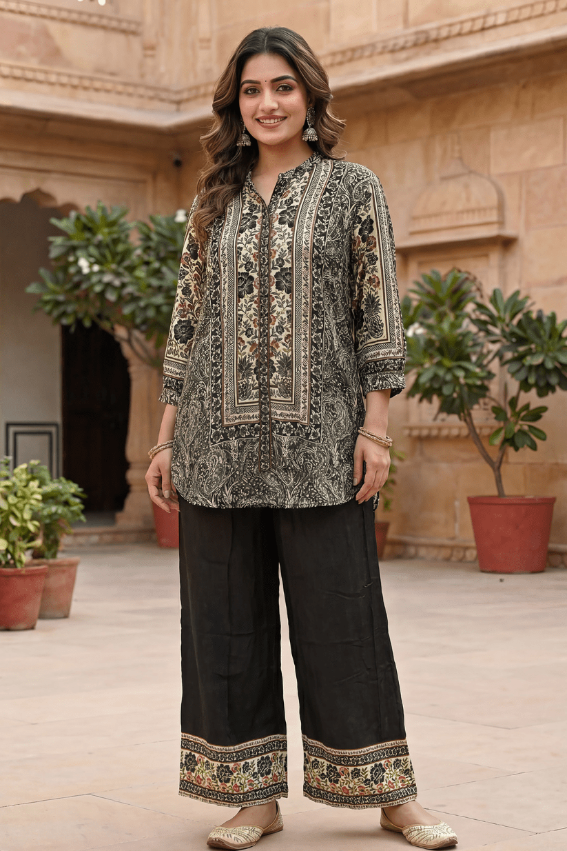Black Printed Kurta Pant Set - The House of Indu