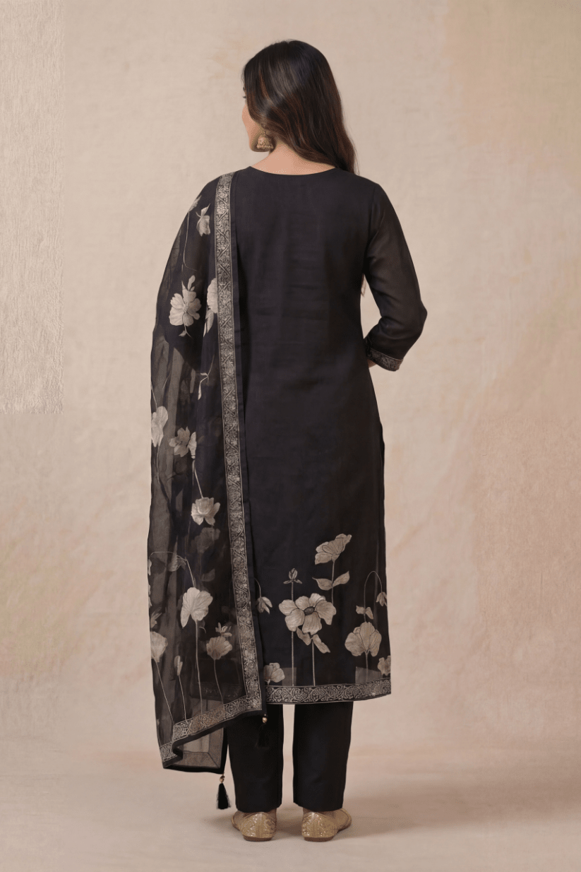 Black Printed Kurta Set with Cotton Dupatta for Women - The House of Indu
