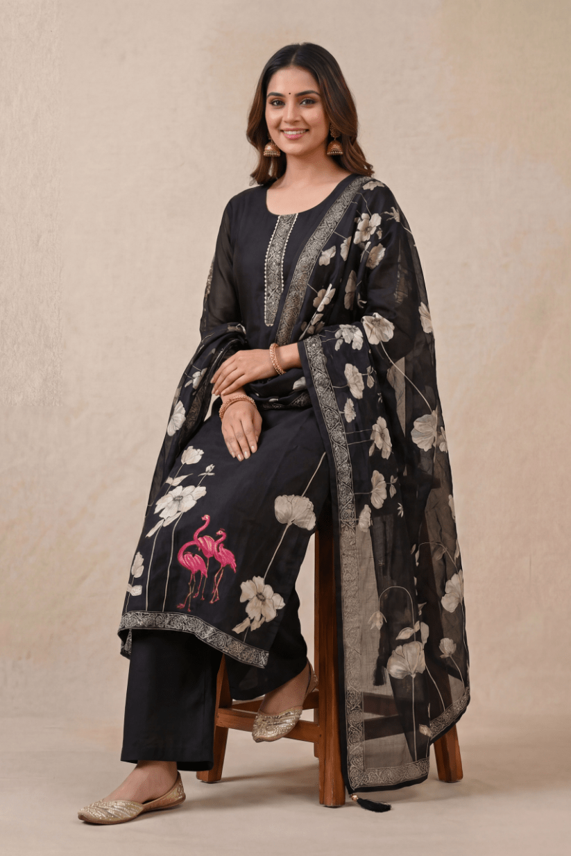 Black Printed Kurta Set with Cotton Dupatta for Women - The House of Indu