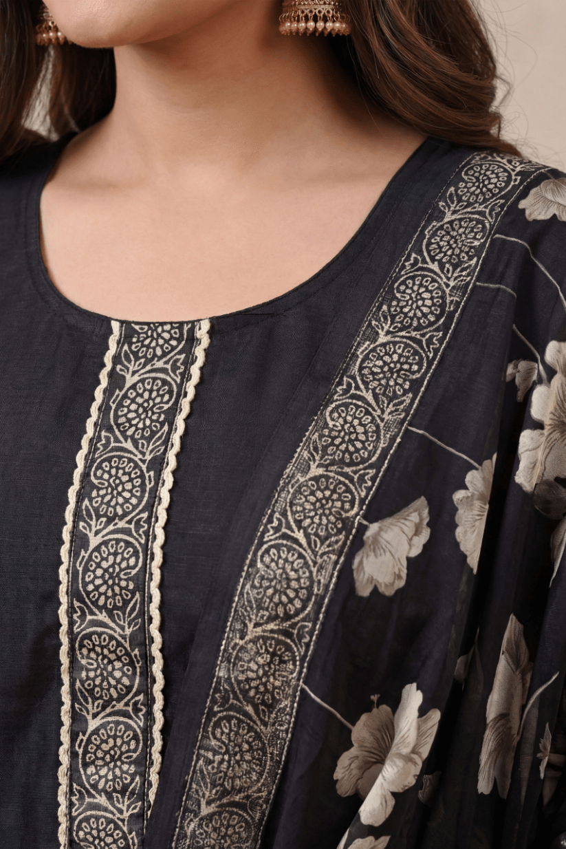 Black Printed Kurta Set with Cotton Dupatta for Women - The House of Indu