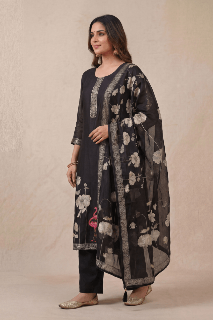 Black Printed Kurta Set with Cotton Dupatta for Women - The House of Indu