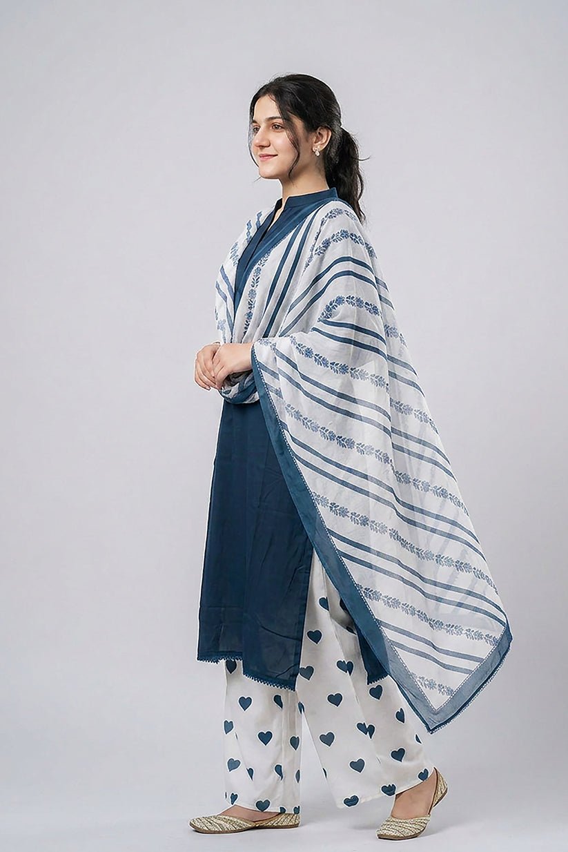 Blue Cotton Suit Set for Women with Dupatta - The House of Indu