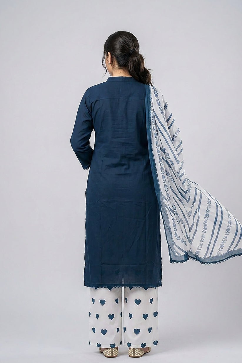 Blue Cotton Suit Set for Women with Dupatta - The House of Indu