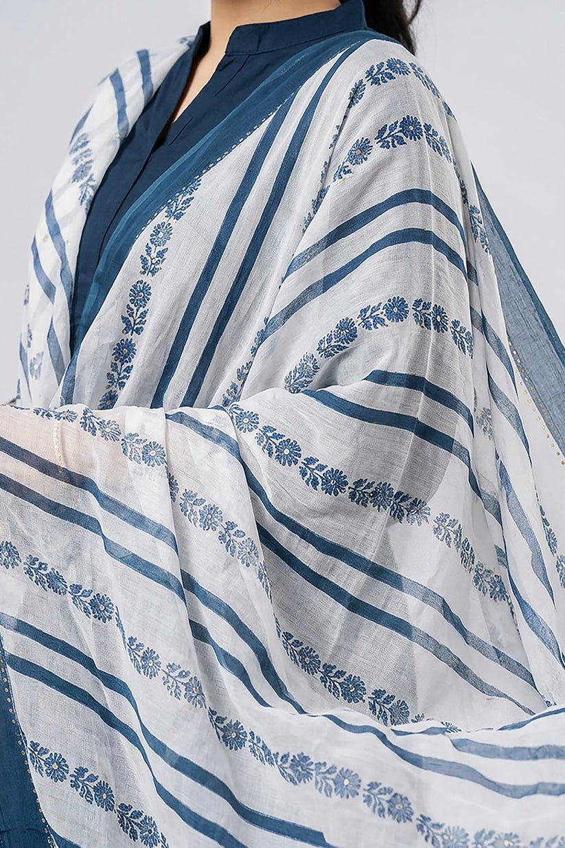Blue Cotton Suit Set for Women with Dupatta - The House of Indu
