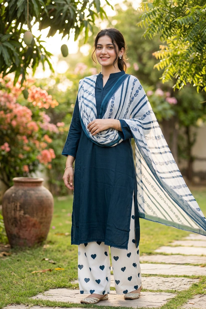 Blue Cotton Suit Set for Women with Dupatta - The House of Indu