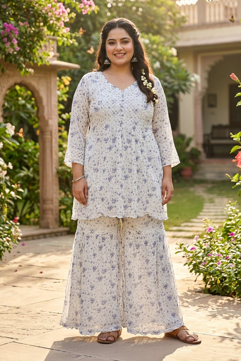 Blue Floral Printed Chiffon Co-Ord Set with Sharara for Women - The House of Indu