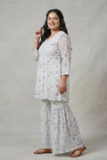 Blue Floral Printed Chiffon Co-Ord Set with Sharara for Women - The House of Indu