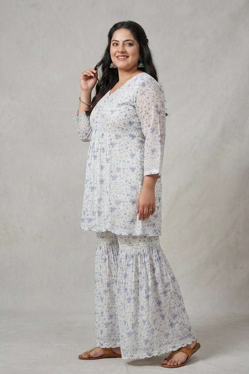 Blue Floral Printed Chiffon Co-Ord Set with Sharara for Women - The House of Indu