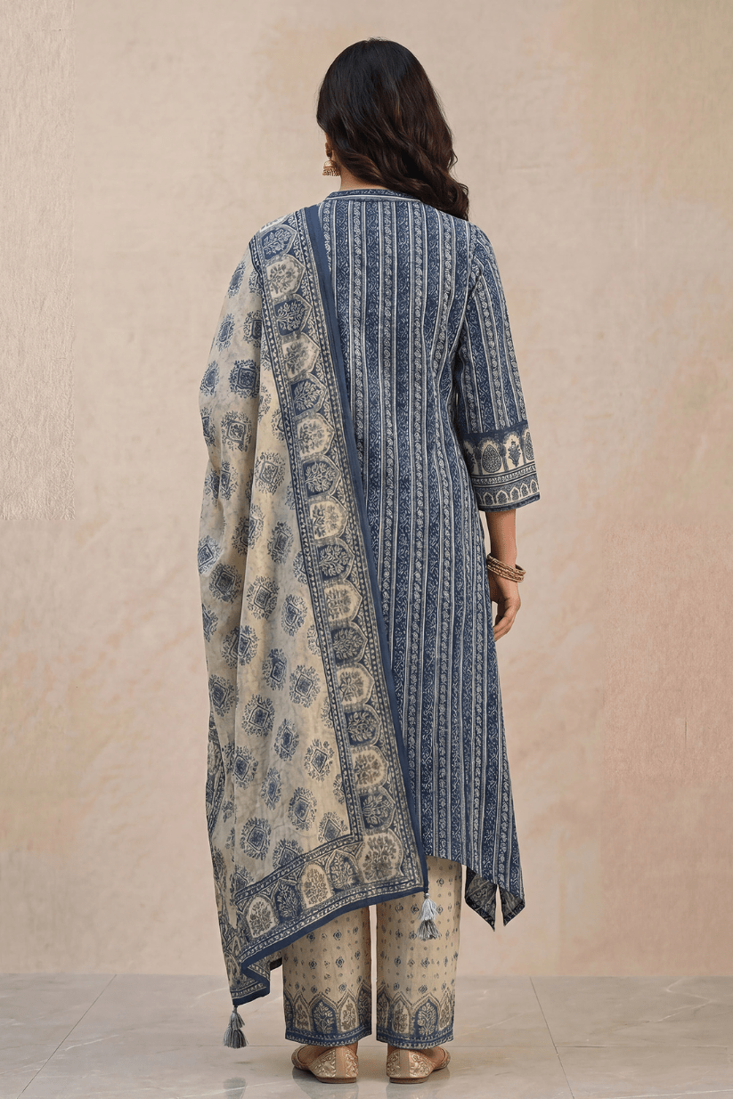 Blue Printed Kurta Set with Dupatta for Women - The House of Indu