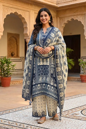 Blue Printed Kurta Set with Dupatta for Women - The House of Indu