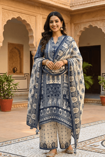 Blue Printed Kurta Set with Dupatta for Women - The House of Indu