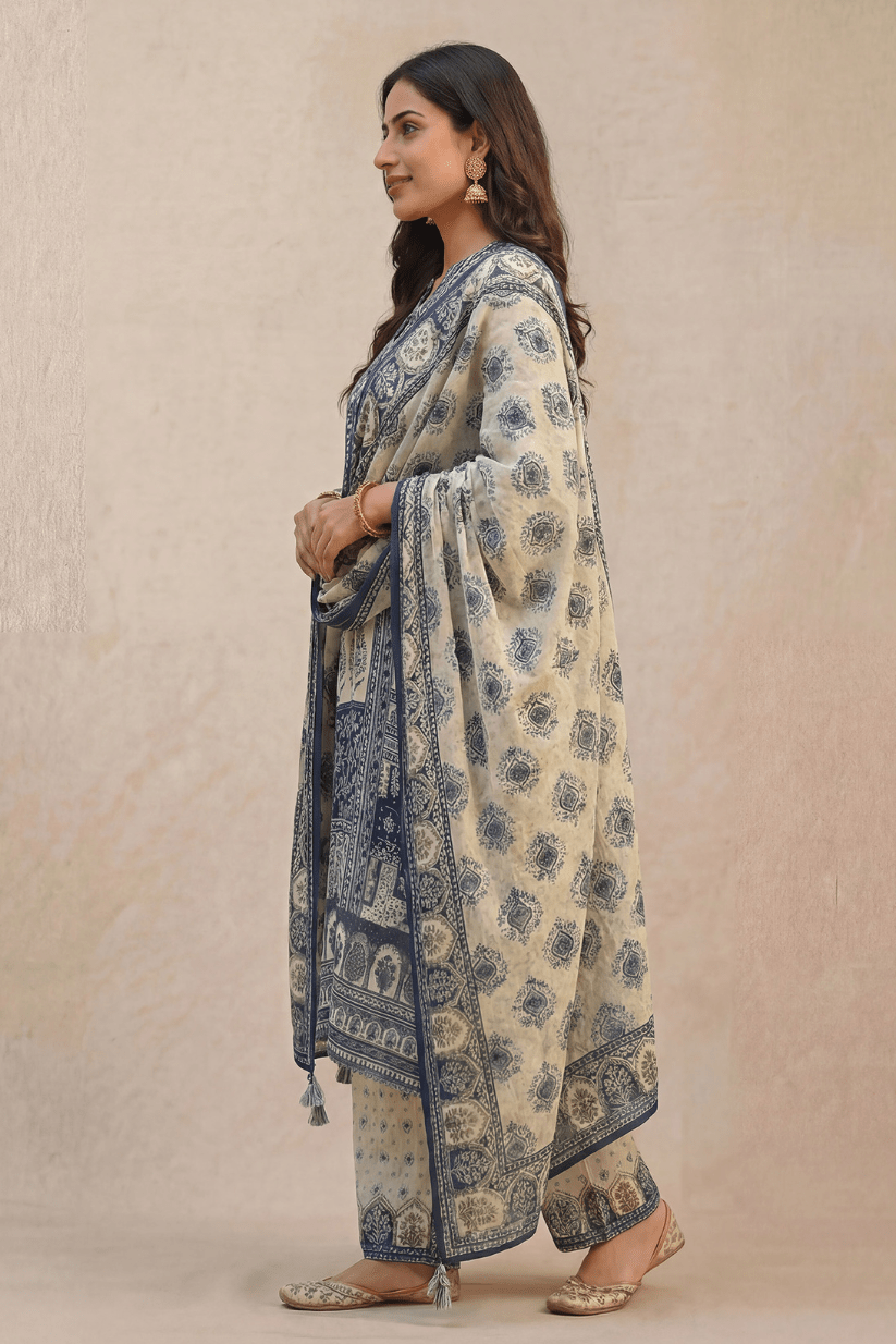 Blue Printed Kurta Set with Dupatta for Women - The House of Indu